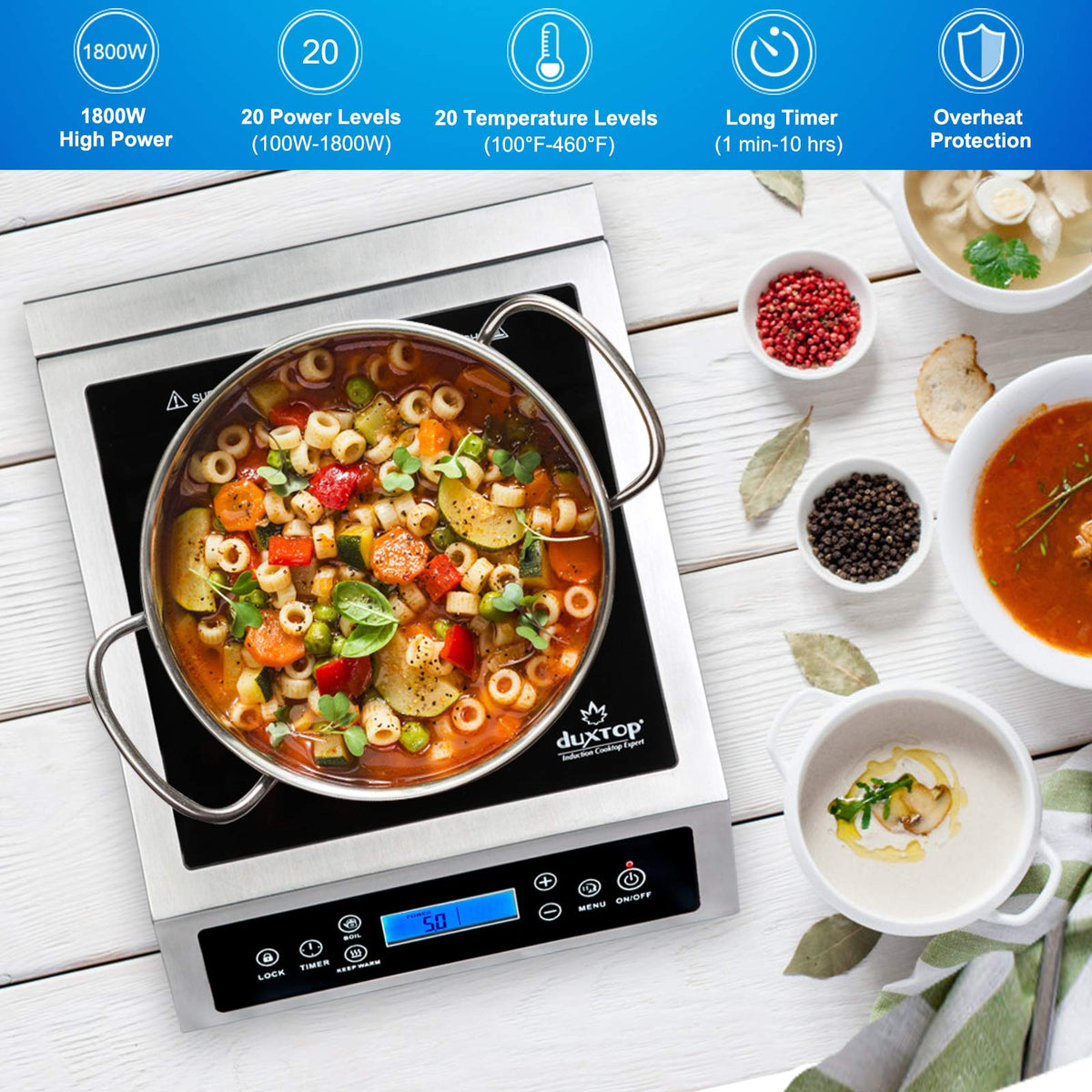 Duxtop induction burner in use on a counter with cookware for quick meals.