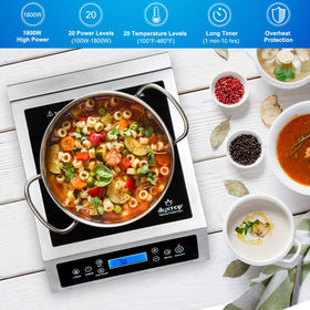 Duxtop induction burner in use on a counter with cookware for quick meals.