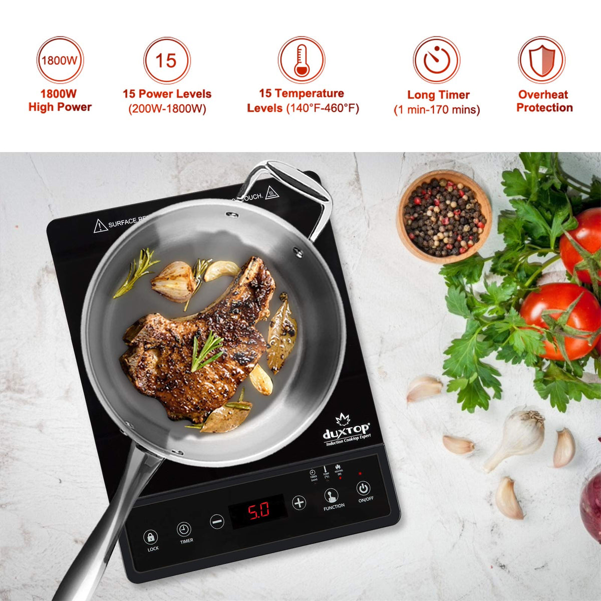 Duxtop induction cooktop timer highlights precise control for multitasking meals.