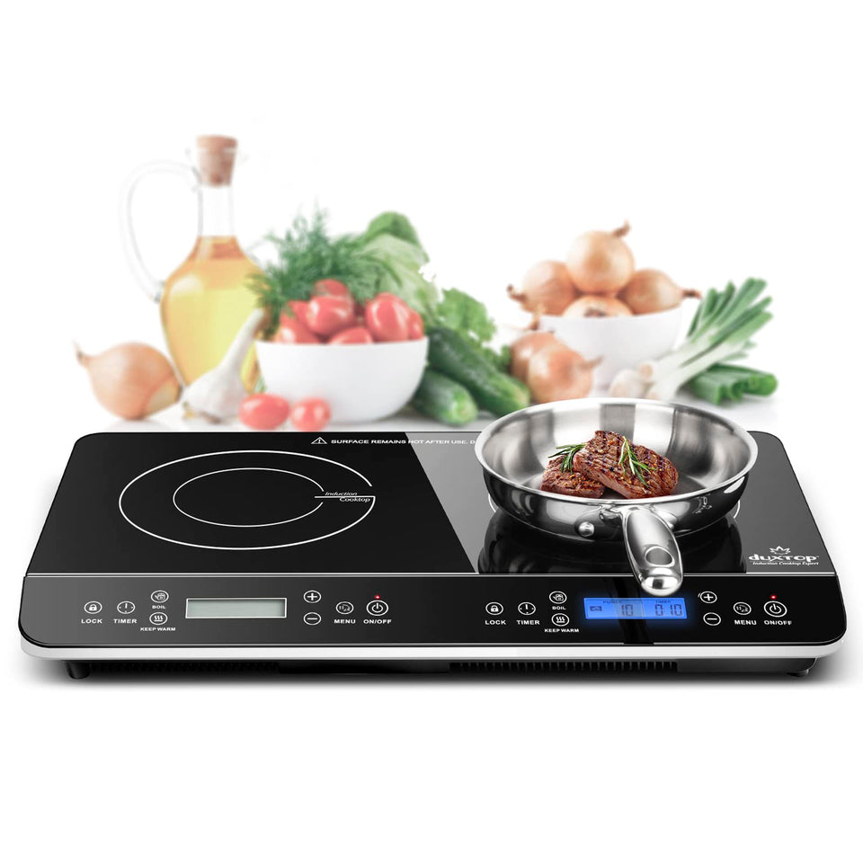 Duxtop LCD double induction cooktop front view showing dual burners for multitasking