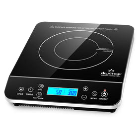Duxtop portable induction cooktop front view in silver, space-saving design for compact kitchens.