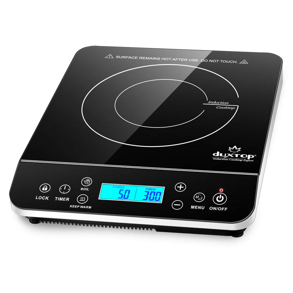 Duxtop portable induction cooktop front view in silver, space-saving design for compact kitchens.