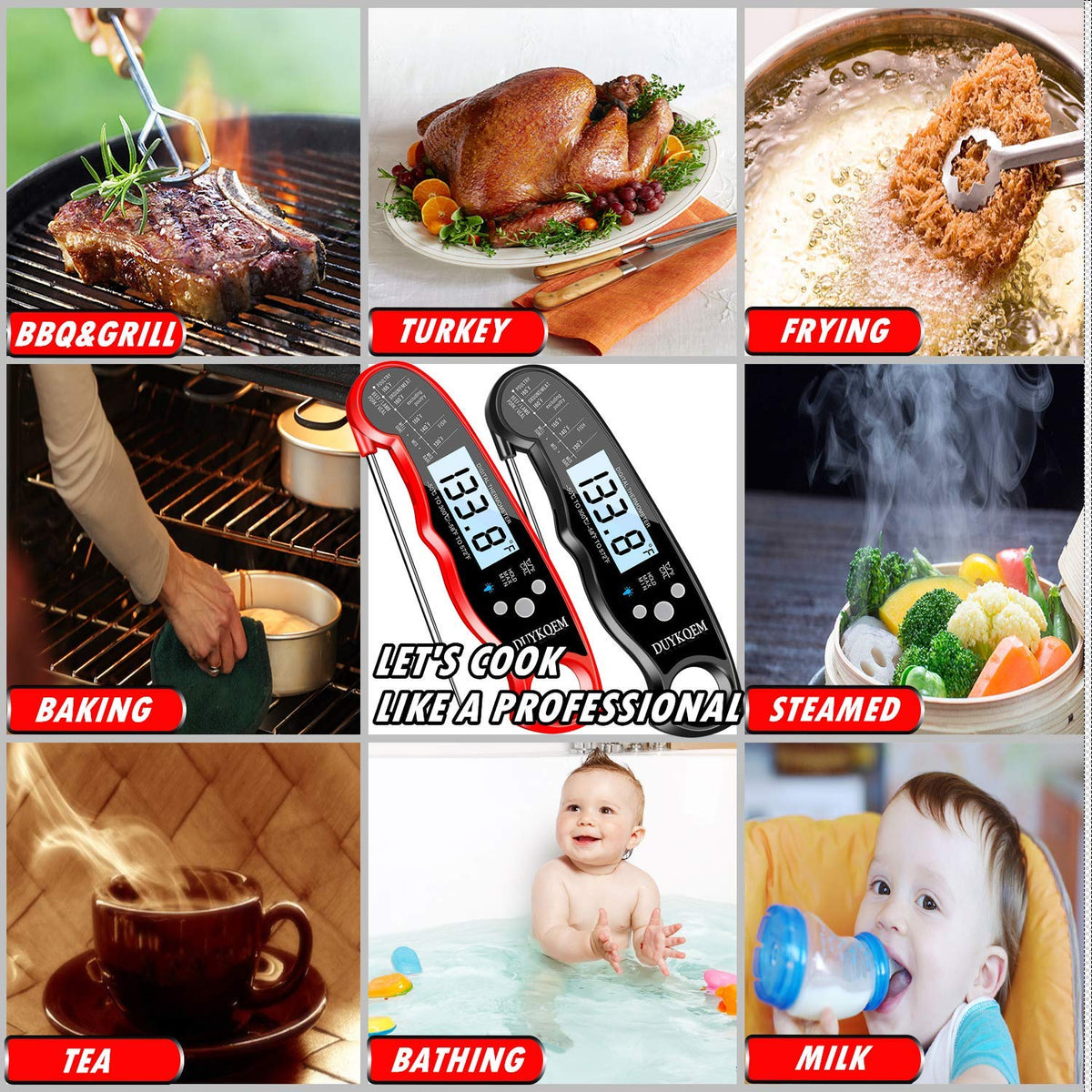 DUYKQEM thermometer with calibration option and warranty information.