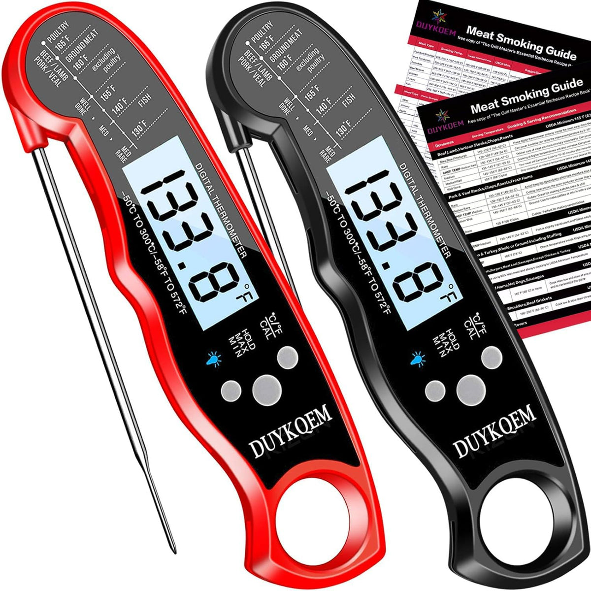 DUYKQEM instant read thermometer pair; two probes ready for grilling and everyday cooking.