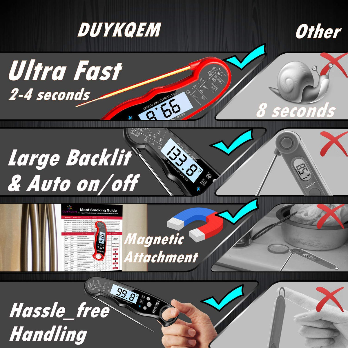 DUYKQEM slim probe design reduces holes and preserves food texture.