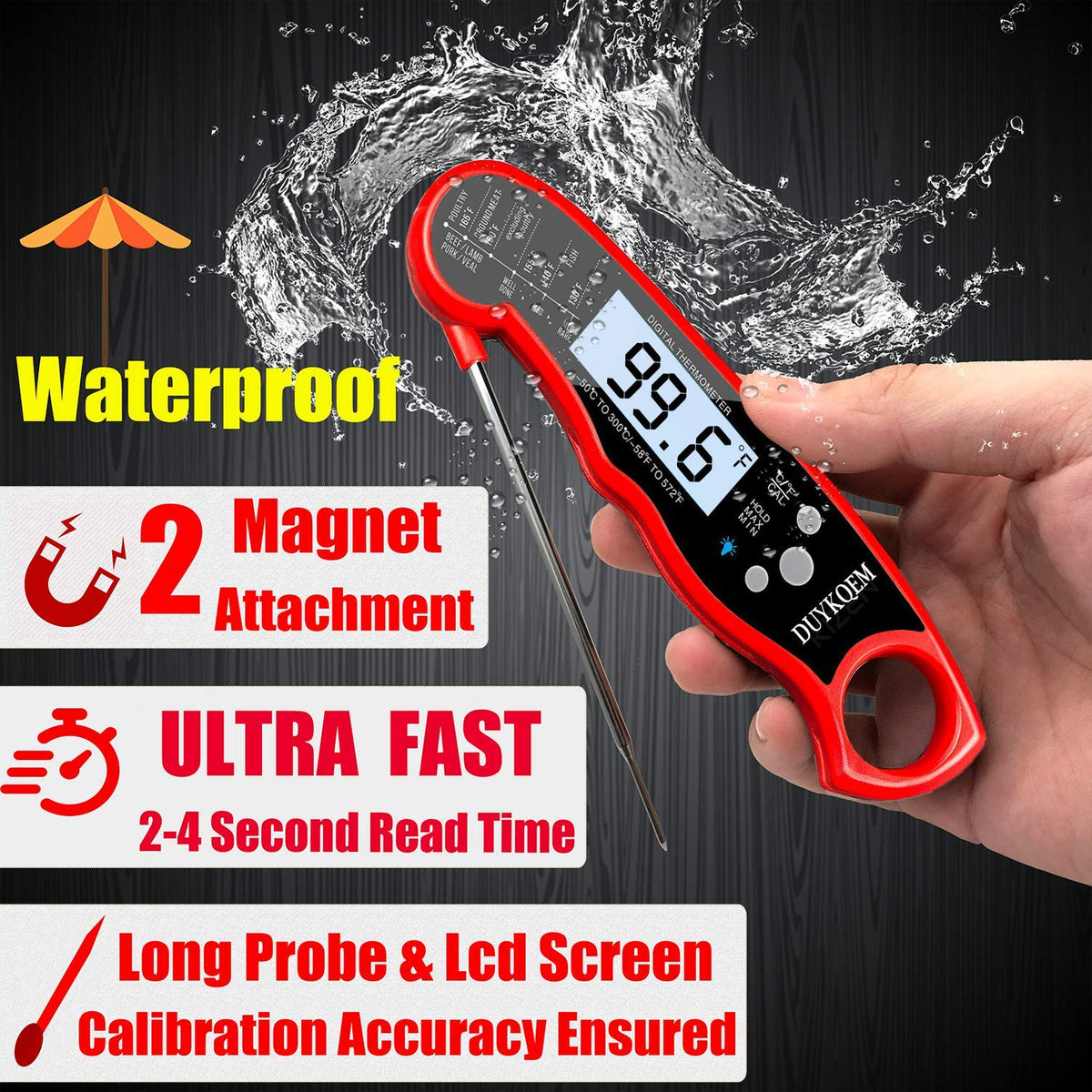 DUYKQEM waterproof thermometer with backlight for kitchen and grill.