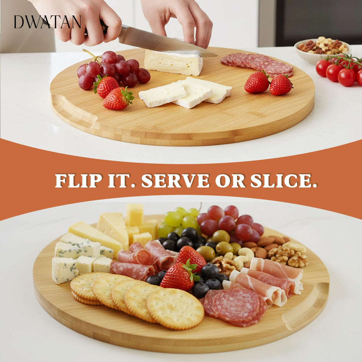 DWATAN serving tray enhances entertaining with cheese, fruit, and bites