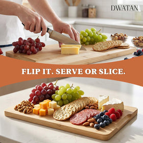 DWATAN bamboo board with dual finger cutouts for easy lifting.