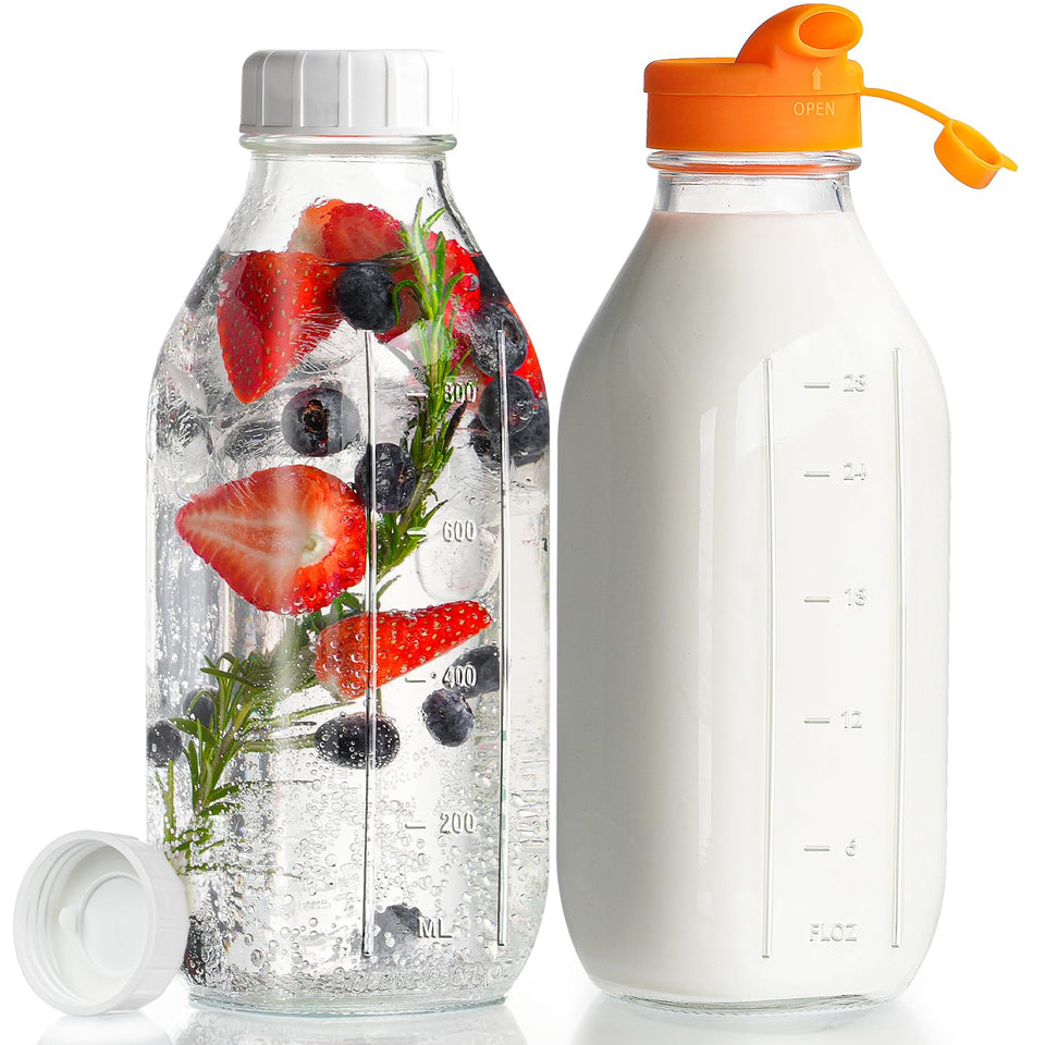 Dwbligt 32 oz glass bottle with dispenser cap for mess-free pouring.