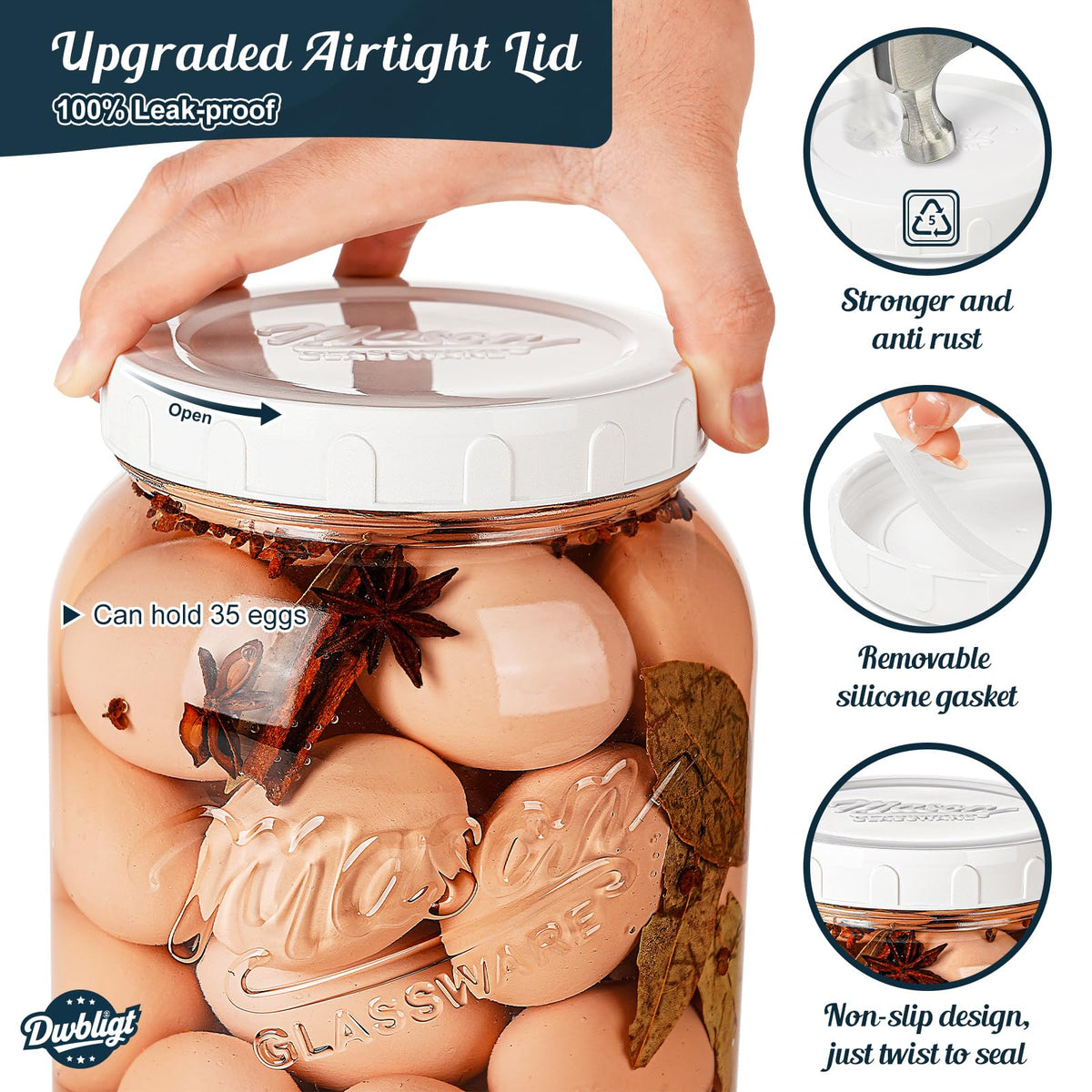 Dwbligt airtight lids with silicone rings seal freshness and prevent leaks.