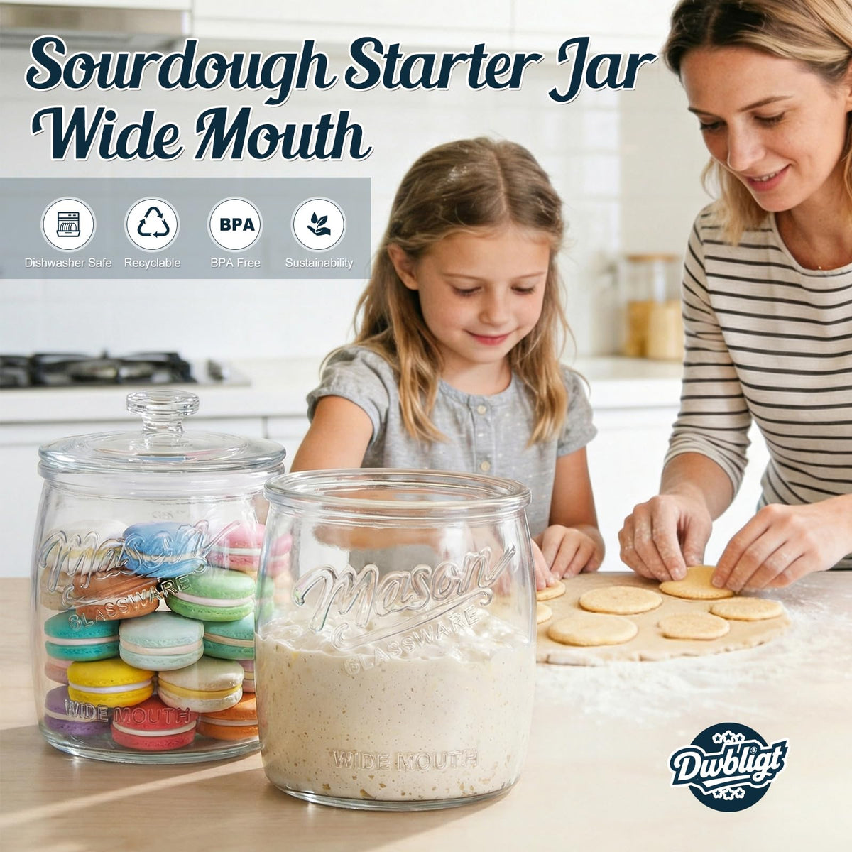 Dwbligt glass container stores sourdough starter cleanly and odor-free.
