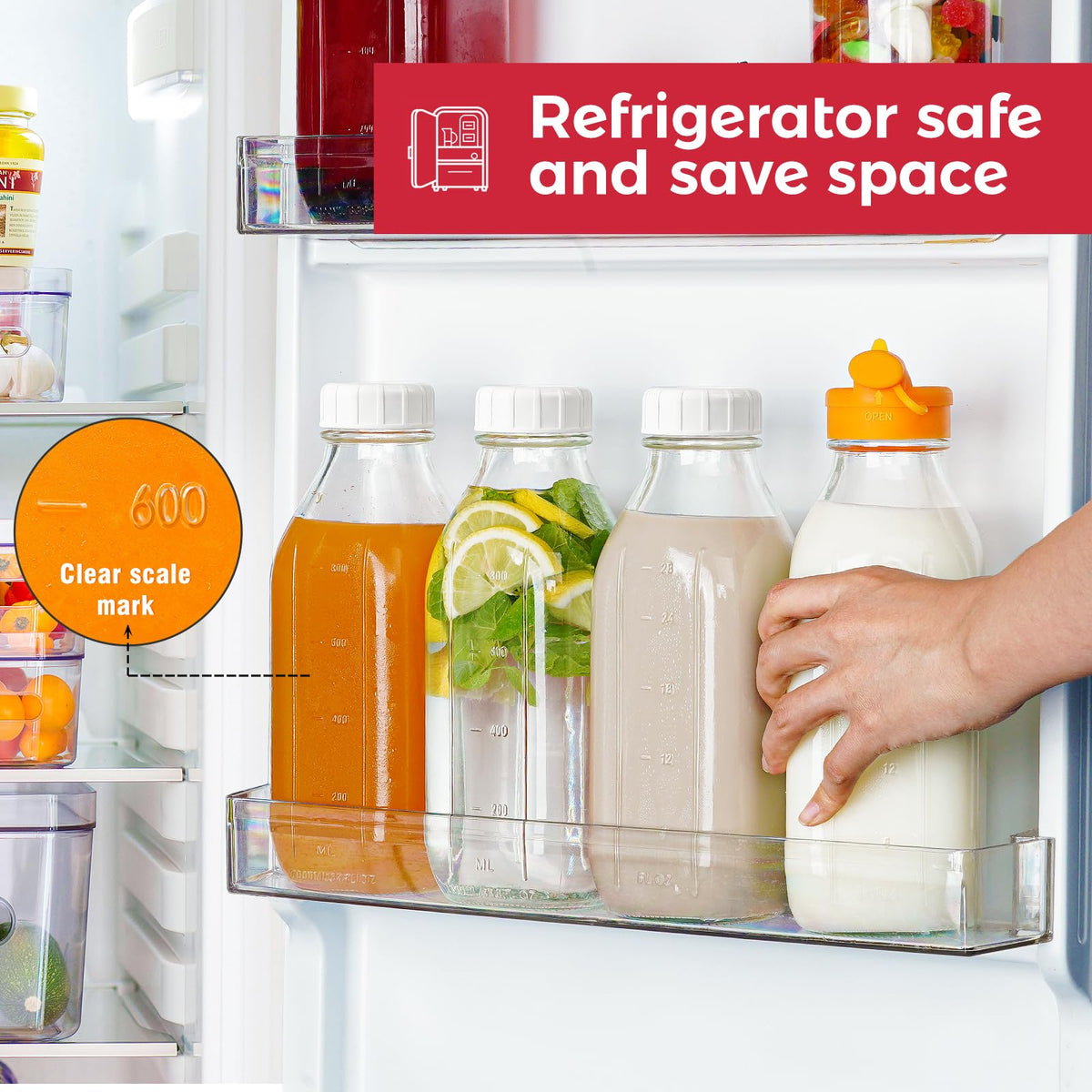 Dwbligt glass bottle stored in fridge for organized fridge storage.