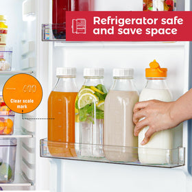 Dwbligt glass bottle stored in fridge for organized fridge storage.