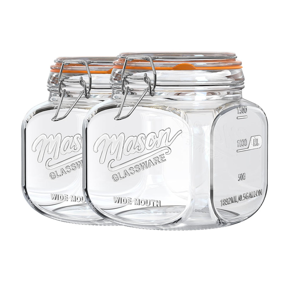 Dwbligt 64 oz mason jar with hinged lid on a counter for pantry storage
