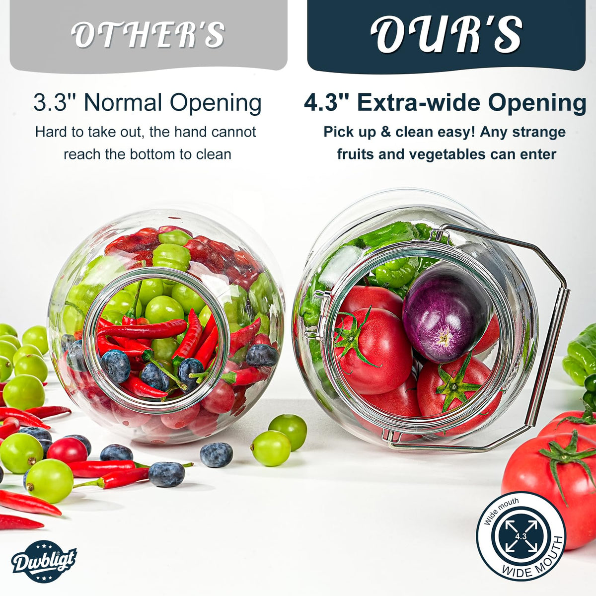 Dwbligt heavy-duty handle enables safe transport of a full jar.