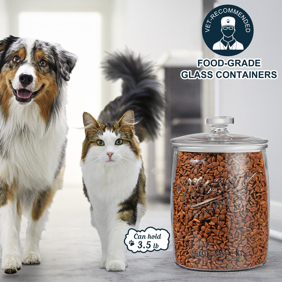 Dwbligt soda-lime glass provides durable and food-safe storage for dry goods and snacks.