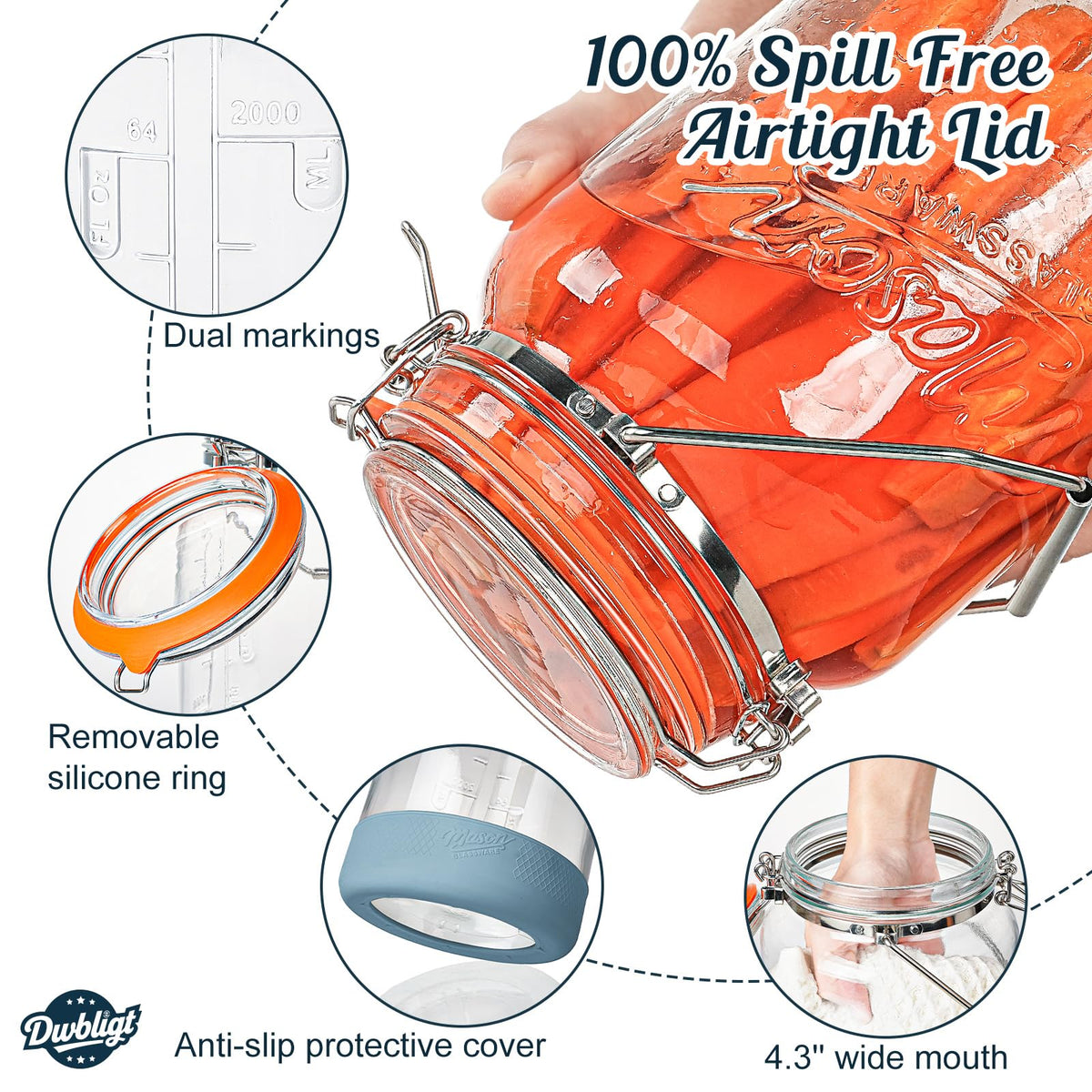 Dwbligt wide-mouth jar showing large opening for easy filling and cleaning