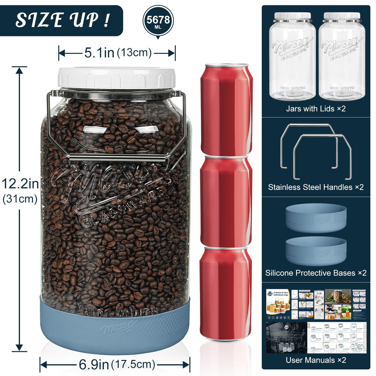 Dwbligt wide-mouth jar highlights 4.3 inch opening for easy filling and cleaning.