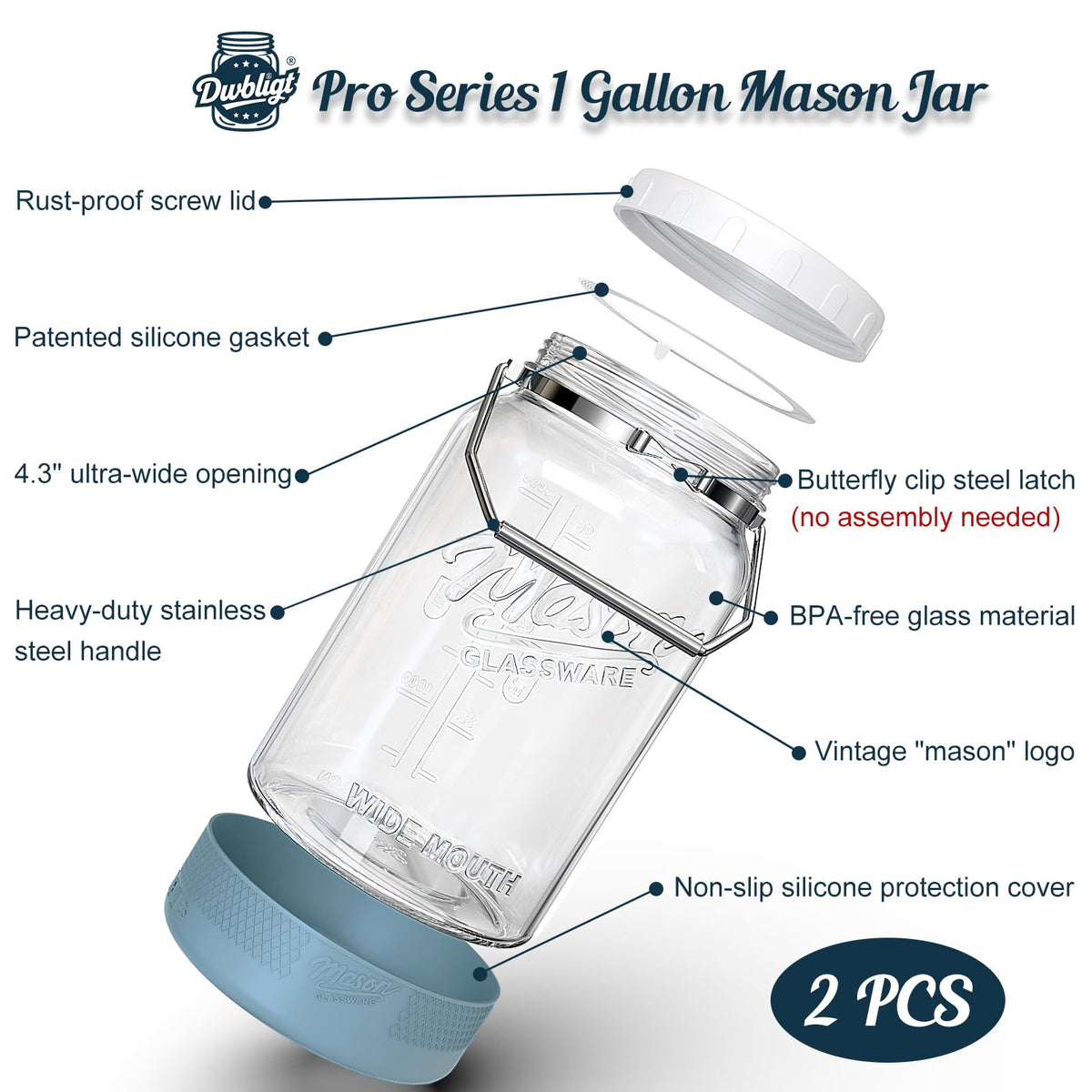 Dwbligt wide-mouth opening simplifies filling, cleaning, and ingredient insertion