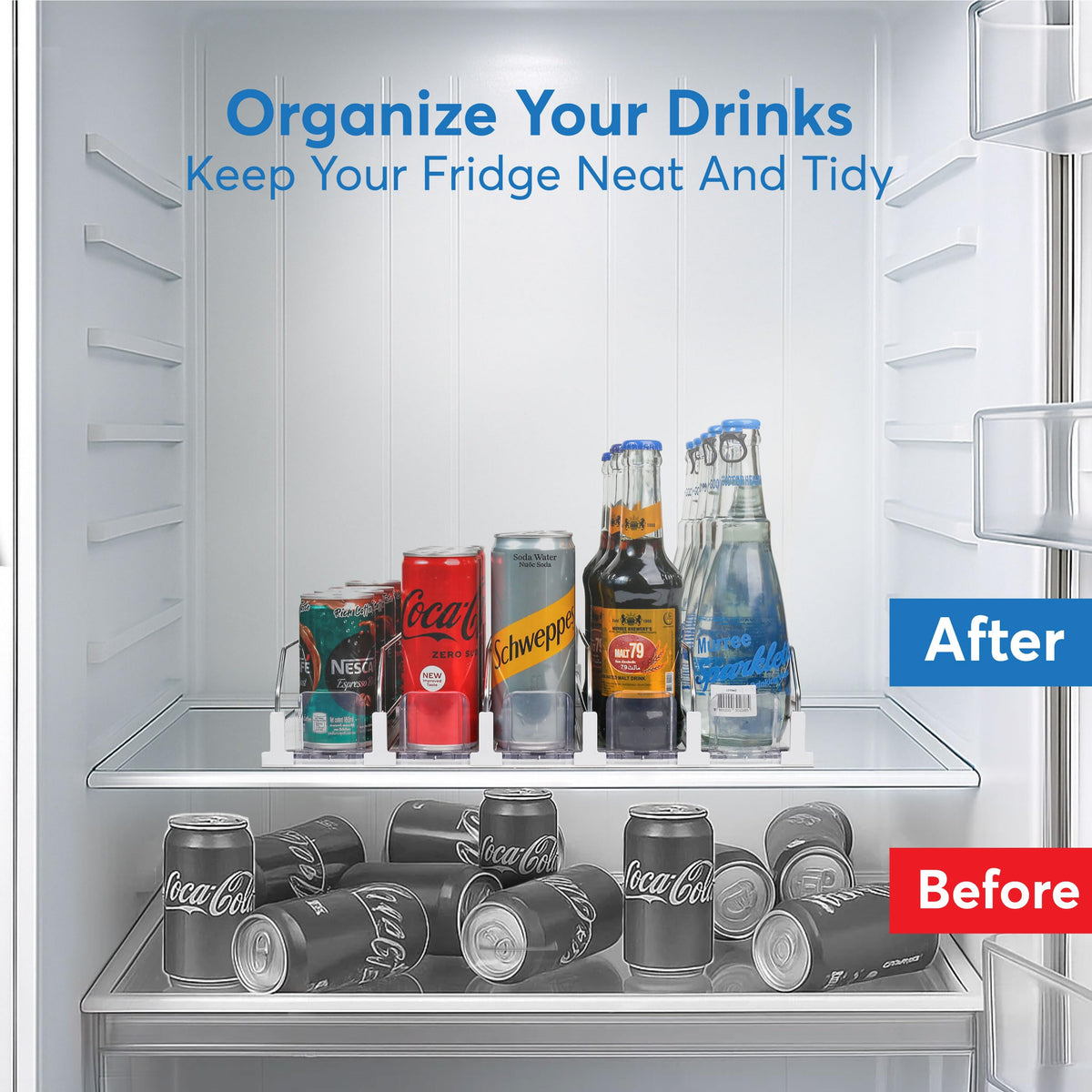 Dwella adjustable-width dividers adapt to cans and tall bottles for versatile storage.