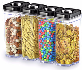 DWËLLZA KITCHEN airtight containers with clear bodies and black lids keep pantry items fresh.