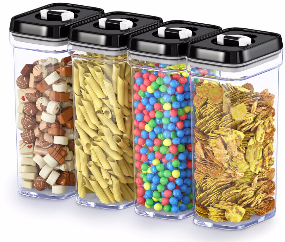 DWËLLZA KITCHEN airtight containers with clear bodies and black lids keep pantry items fresh.