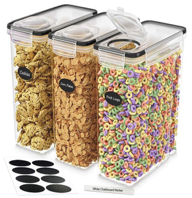 DWËLLZA KITCHEN cereal containers 3-pack on counter for tidy pantry organization.
