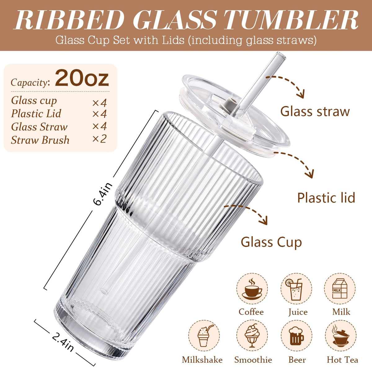 DWTS DANWEITESI 20oz leak-proof glass cup fits car cup holders during travel