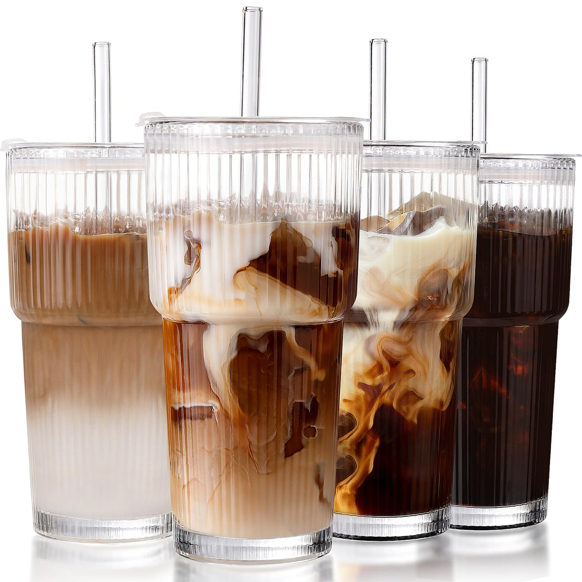 DWTS DANWEITESI ribbed glass tumbler with lid and straw for iced coffee on the go