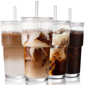 DWTS DANWEITESI ribbed glass tumbler with lid and straw for iced coffee on the go