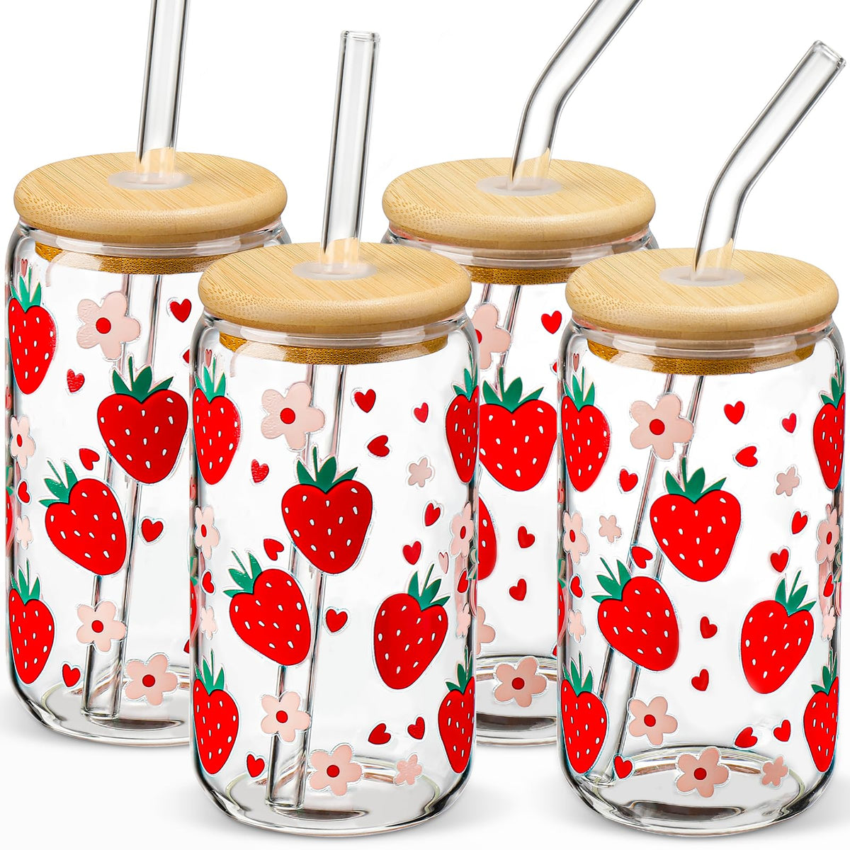 DWTS Danweitesi glass cup with strawberry pattern, perfect for iced coffee.