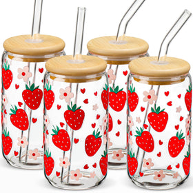 DWTS Danweitesi glass cup with strawberry pattern, perfect for iced coffee.