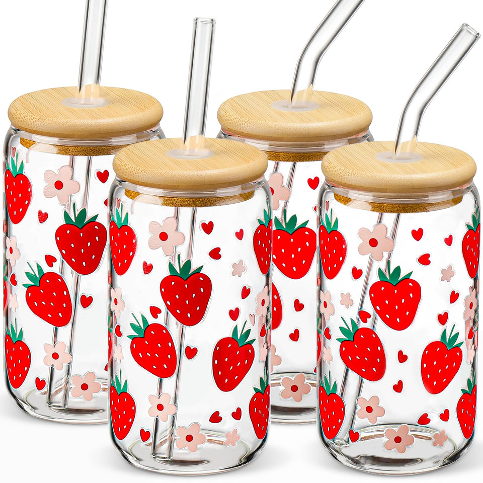DWTS Danweitesi glass cup with strawberry pattern, perfect for iced coffee.