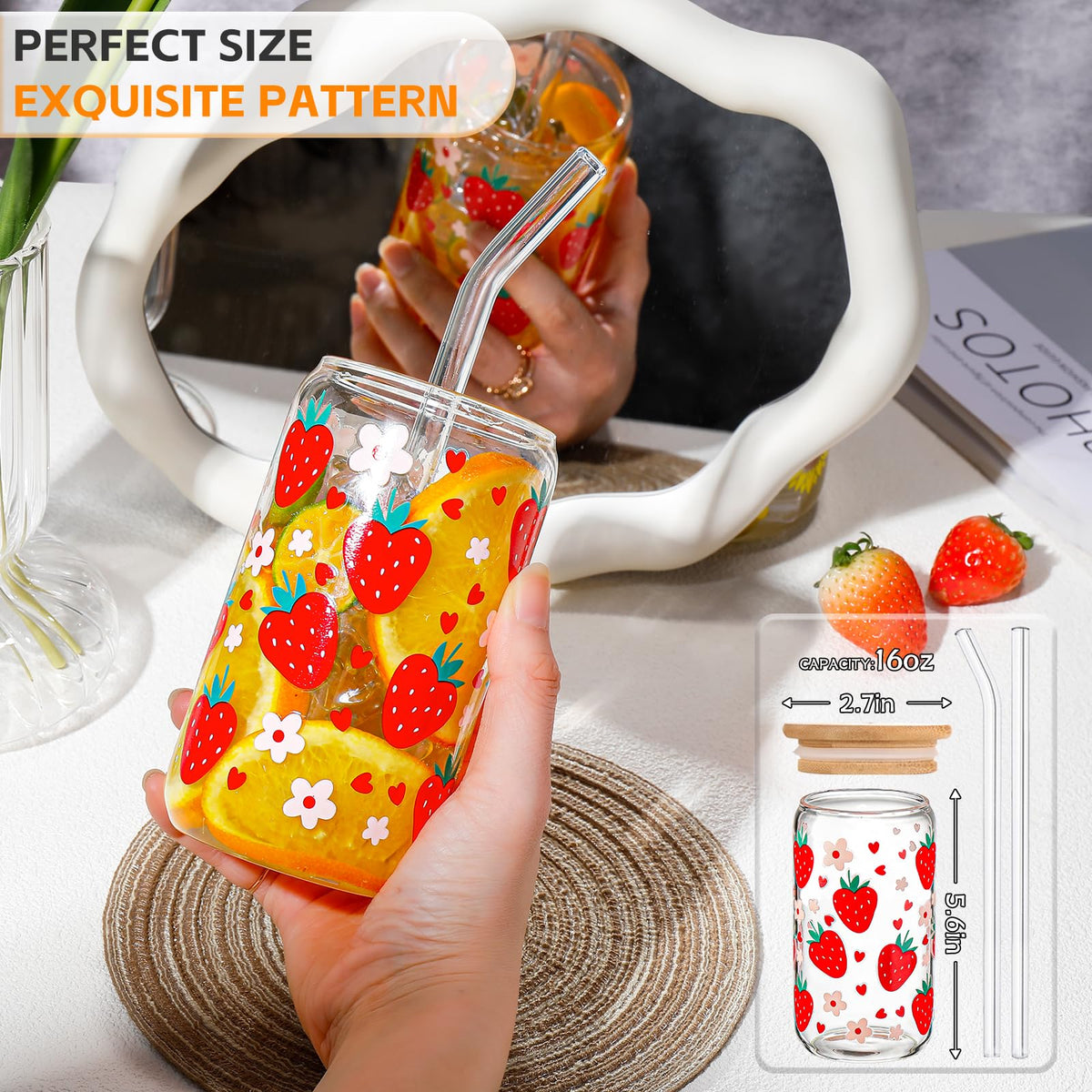 DWTS Danweitesi glass cup with lid and straw, strawberry design for on-the-go beverages.