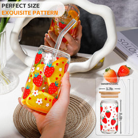 DWTS Danweitesi glass cup with lid and straw, strawberry design for on-the-go beverages.