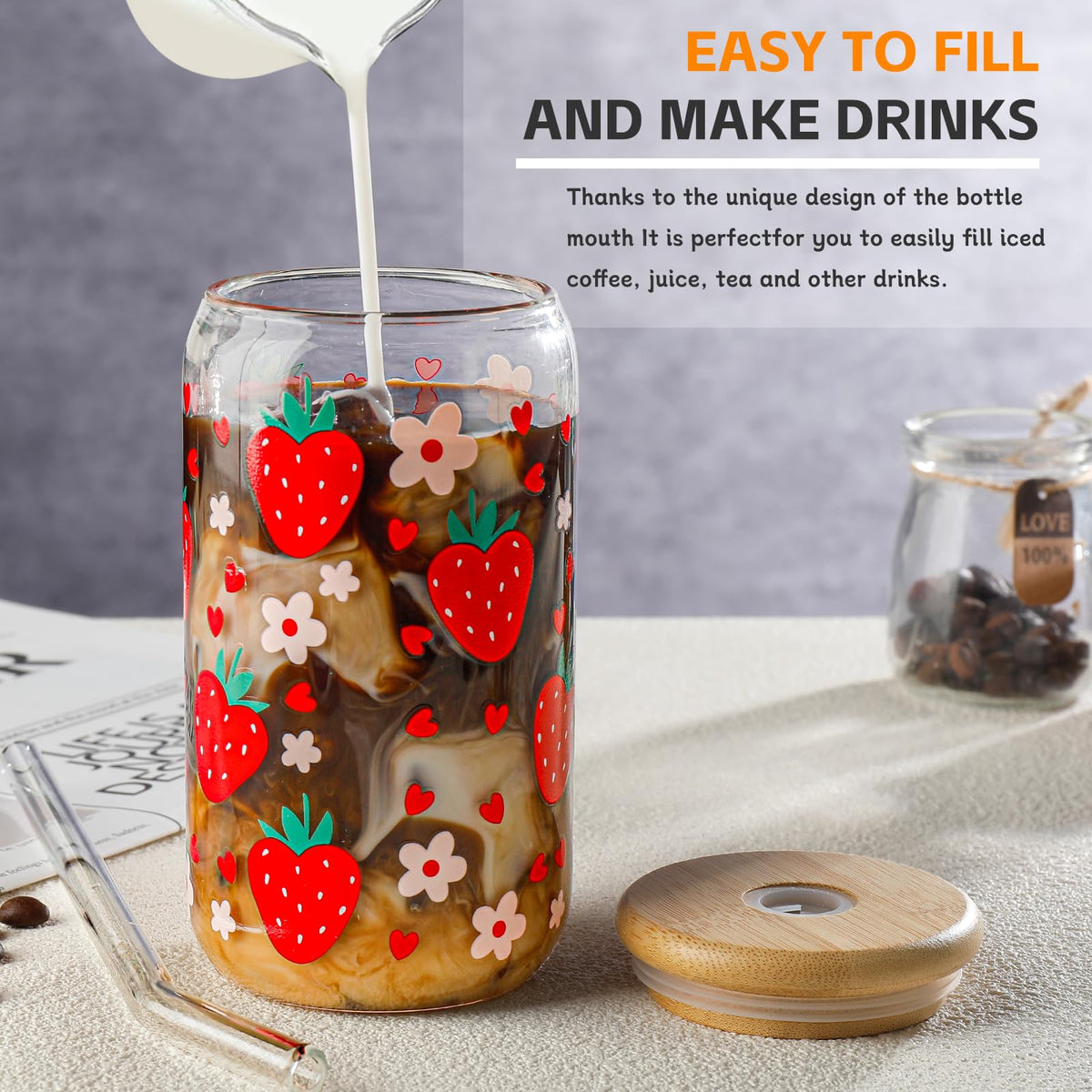 DWTS Danweitesi strawberry pattern glass set with bamboo lids.