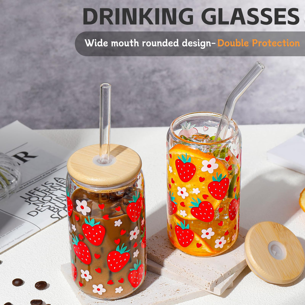 DWTS Danweitesi strawberry glass tumbler with straw, ideal for coffee or juice.