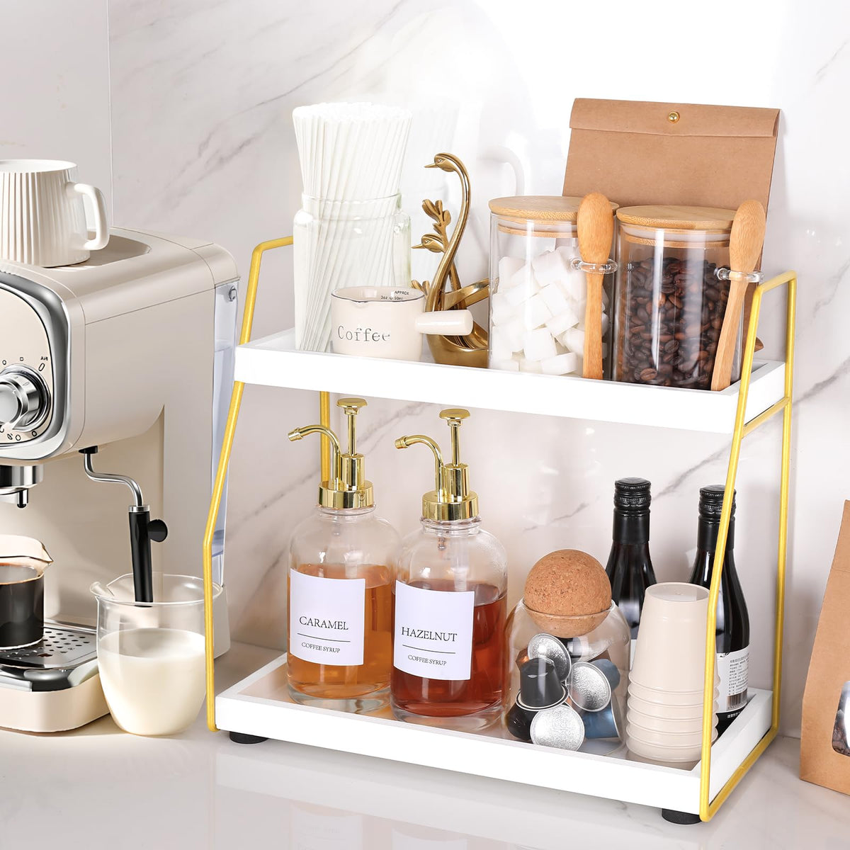 DWTS wooden shelf coffee bar decor blends rustic warmth with modern metal for a stylish display.