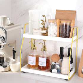 DWTS wooden shelf coffee bar decor blends rustic warmth with modern metal for a stylish display.