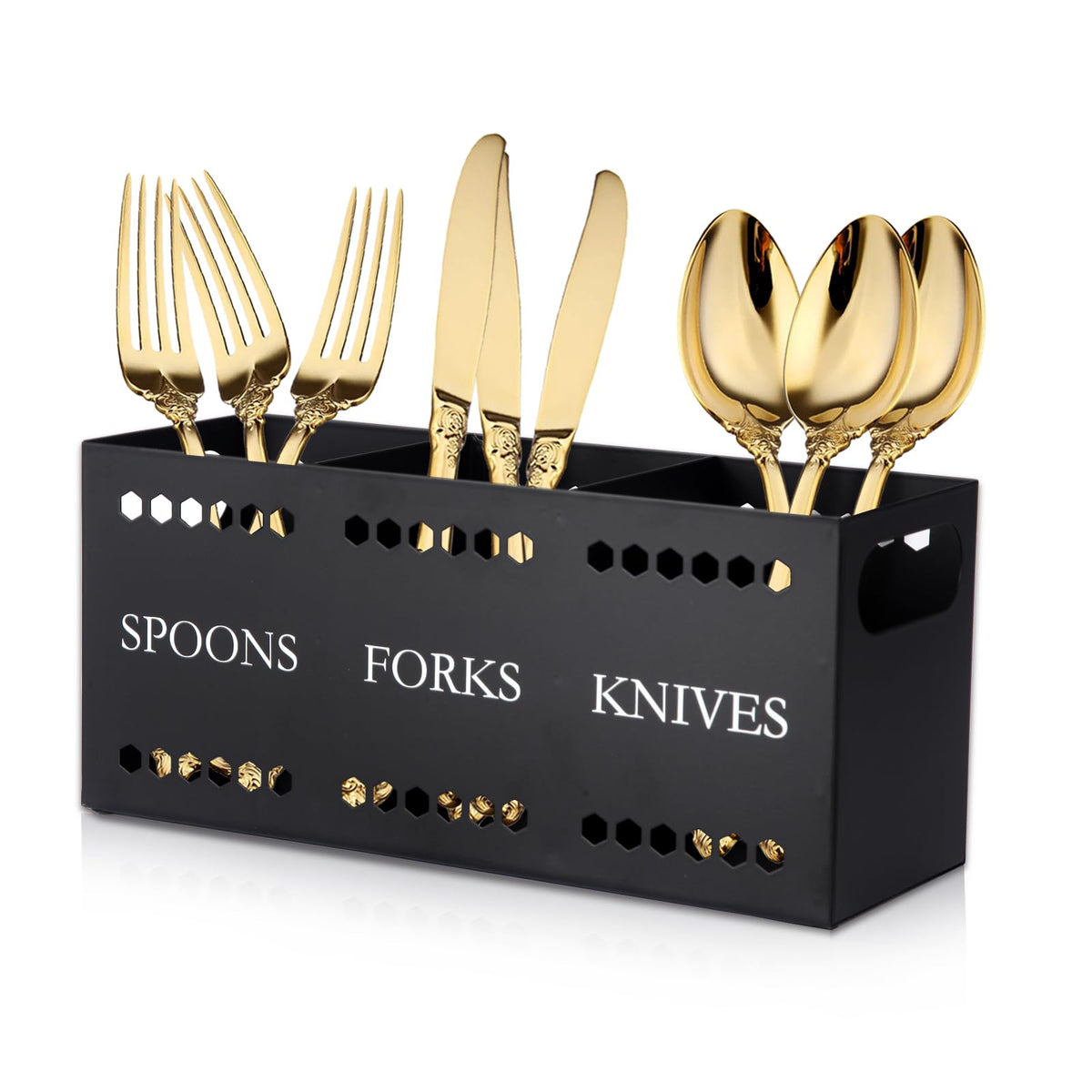 DYGZBLHT silverware caddy front view with three compartments for organized utensils