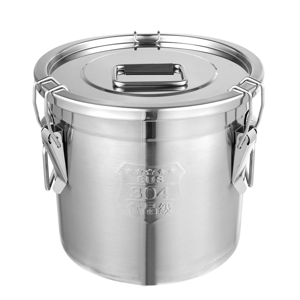 DYNAMI 304 stainless steel canister with airtight lid and locking clamp.