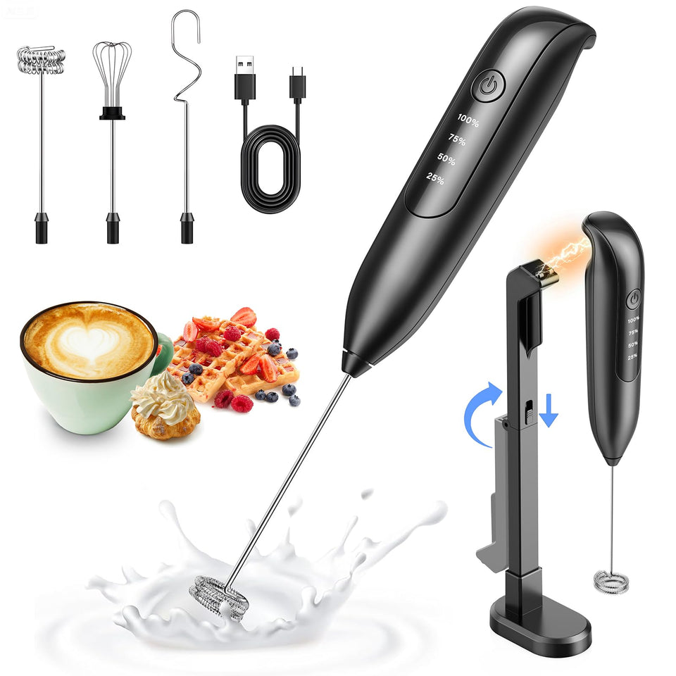Dynooper milk frother with LED display shows battery life for reliable use.