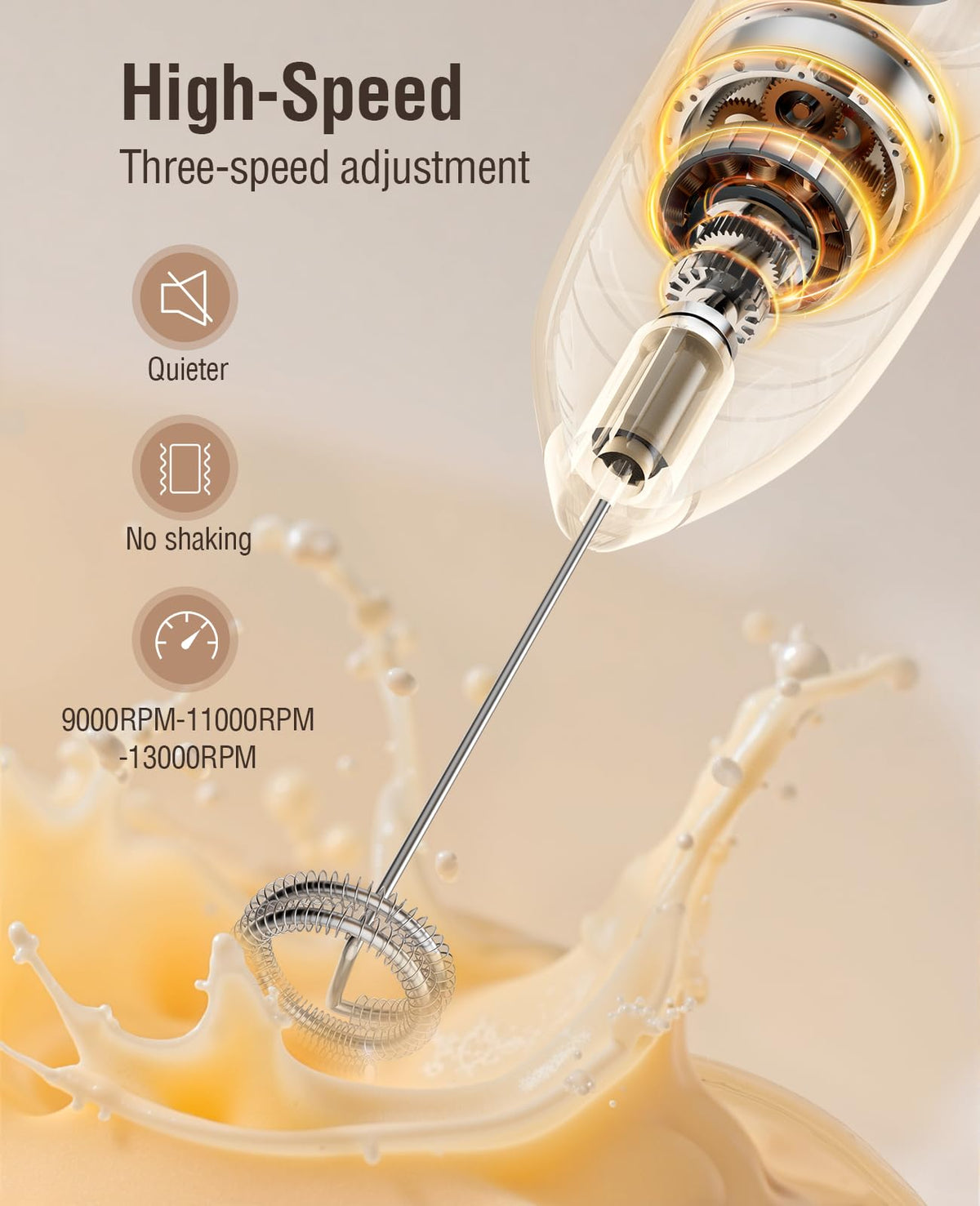 Three stainless steel whisks for microfoam, fluffy eggs, and lump-free mixing.