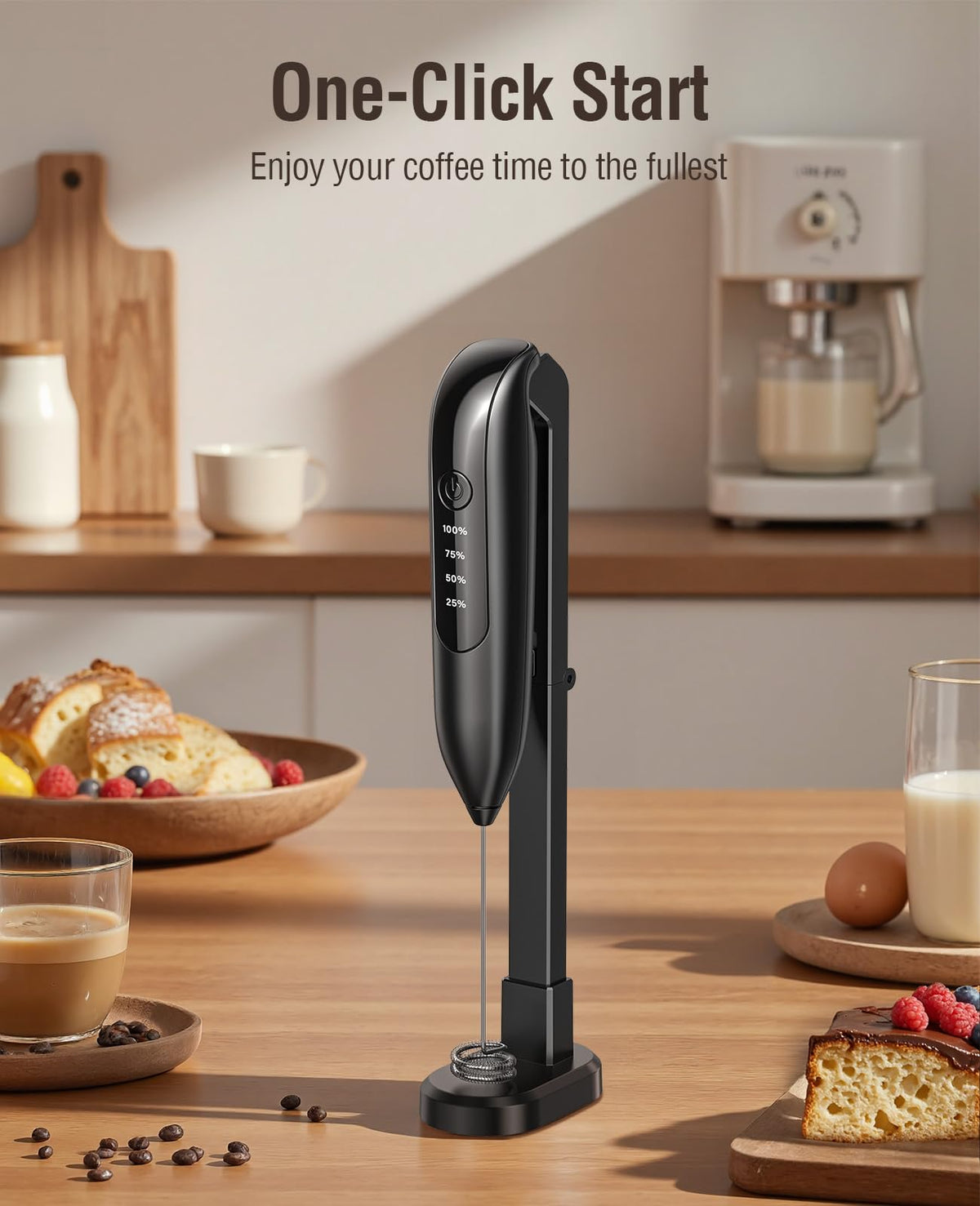 Frother on wireless charging base for convenient power when not in use.