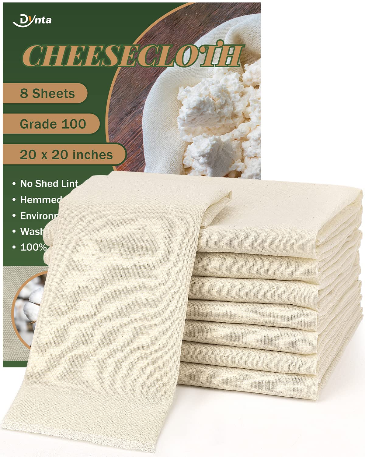 Dynta cheesecloth 8-piece set with hemmed edges for durable straining.