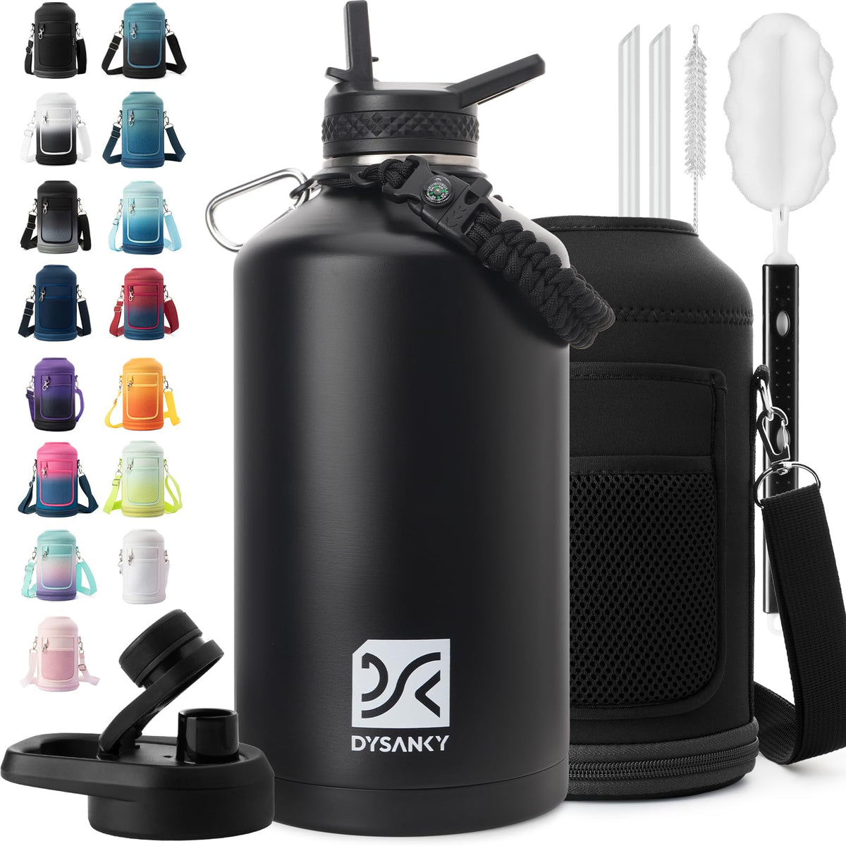 DYSANKY 1-gallon insulated bottle front view shows sleek stainless steel finish.