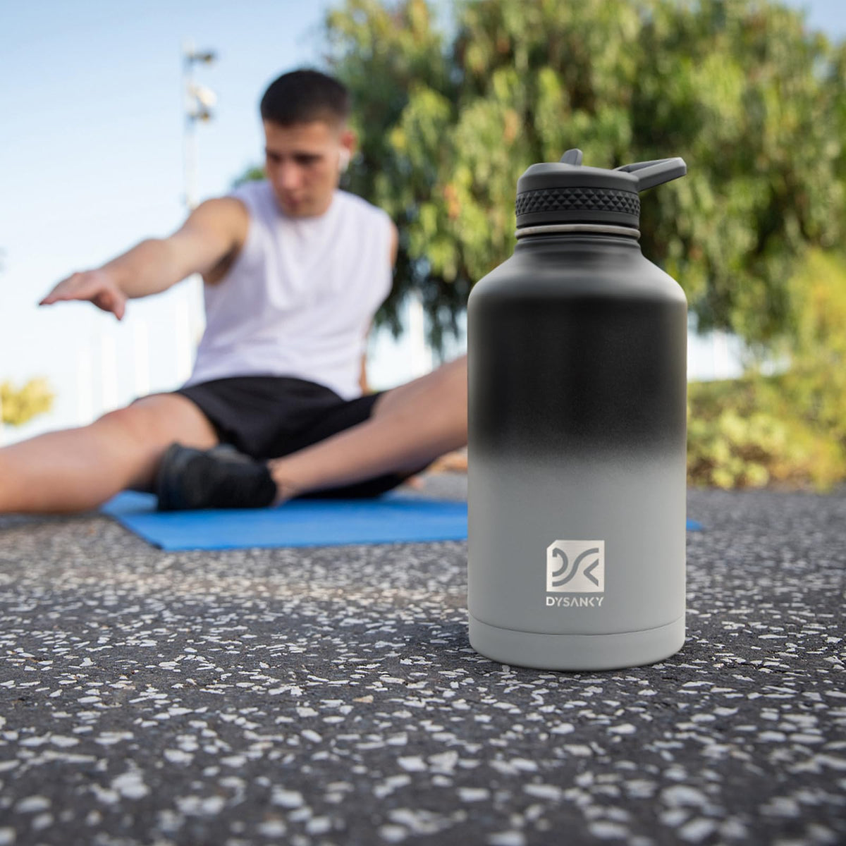 DYSANKY bottle strap and handle allow hands-free carrying during workouts.