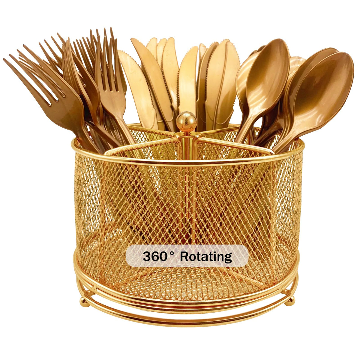 DysanVica 360° rotating gold utensil caddy on countertop, easy access to utensils.