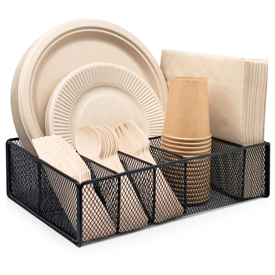 DysanVica metal paper plate holder front view keeps plates and utensils organized.