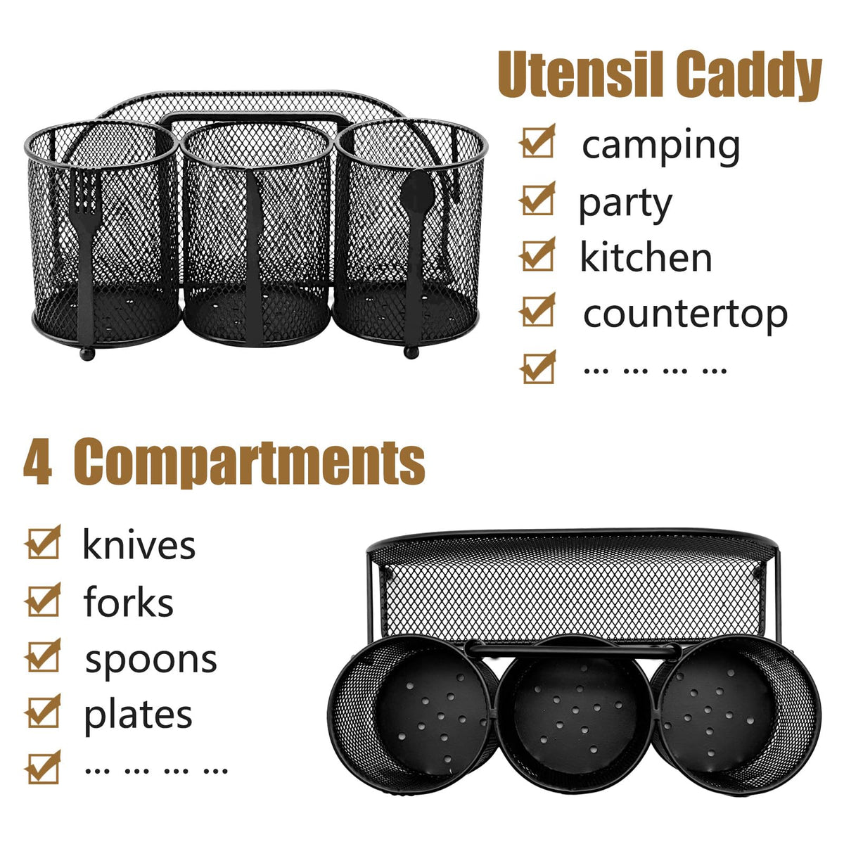 DysanVica silverware holder in metal mesh offers durable countertop organization.